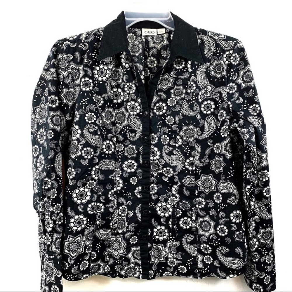 Women's Cato Collared Floral Long Sleeve Button Front Blouse, Size Large, Black